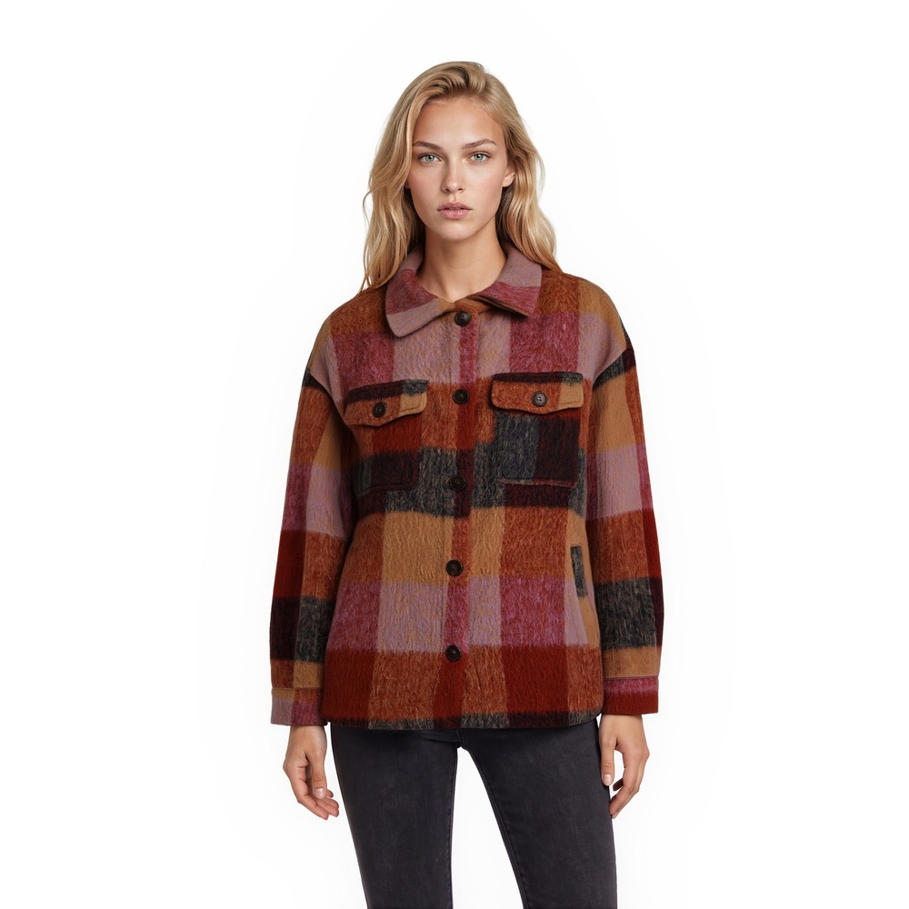 Entro Plaid Shacket Women's Size Medium Red Orange Fuzzy Wool Blend Pockets Top
